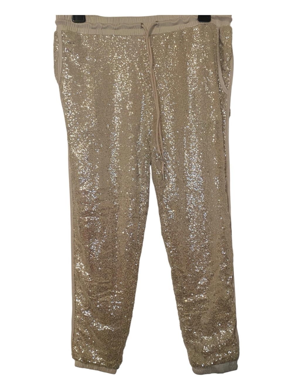 Honey Punch shimmery Champagne Sequin Jogger Pants elastic waist and ankle Large